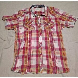 BKE Vtg‎ Mens Medium Plaid Shirt Short Sleeve Pearl Snap Western Cowboy Ranch EE